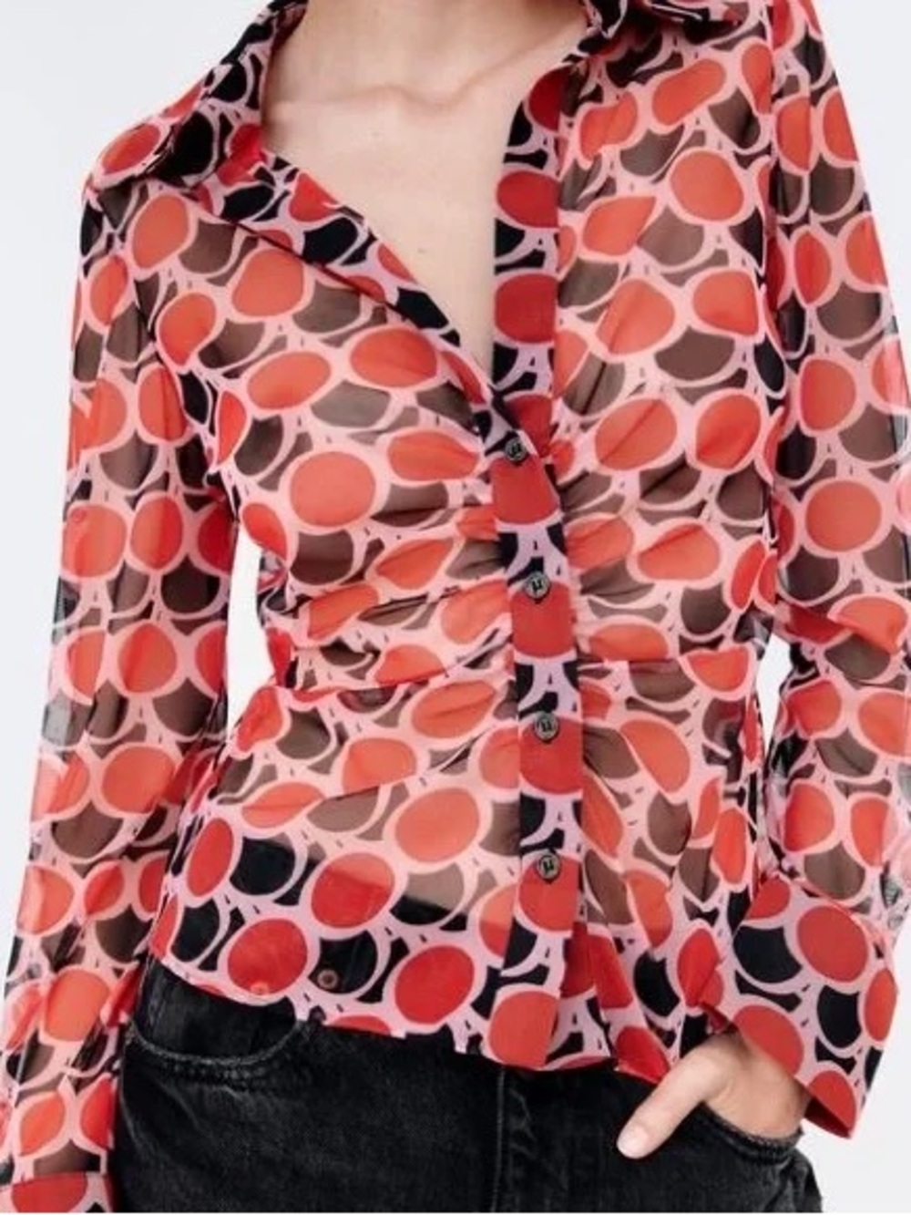 Zara Coral and Black Sheer Printed Button-Up Blouse